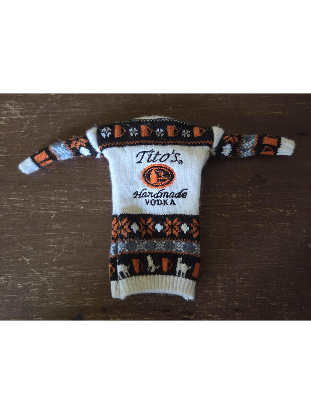 Tito's Vodka Holiday Ugly Christmas Bottle Cooler Sweater Nordic Orange Black